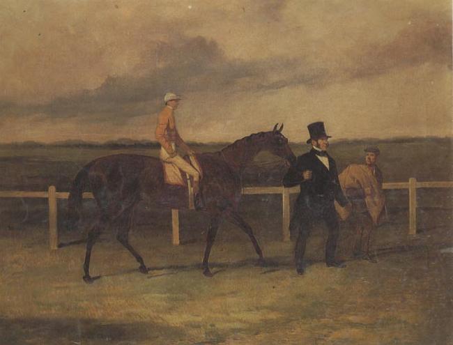 Harry Hall Mr J B Morris Leading his Racehorse 'Hungerford' with Jockey up and a Groom On a Racetrack oil painting picture